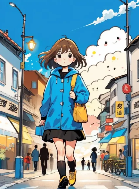 cute comic, 1girl, walking on the street, sky, cloud
 <lora:sdxl_cute_social_comic-000002:0.65>