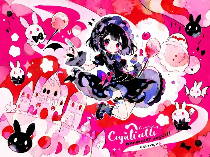 Fairy tale aesthetic style, A girl in a blue gothiclolita dress holding a giant fork, in a world of (floating:1.1) cake and candy, cute bunnies and happiness, pink theme with bright colours, <lora:sdxl_cute_social_comic:0.5> cute comic, <lora:Aether_Watercolor_and_Ink_v1_SDXL_LoRA:0.8> watercolor, ink, sketch . Magical, fantastical, enchanting, storybook style, highly detailed
