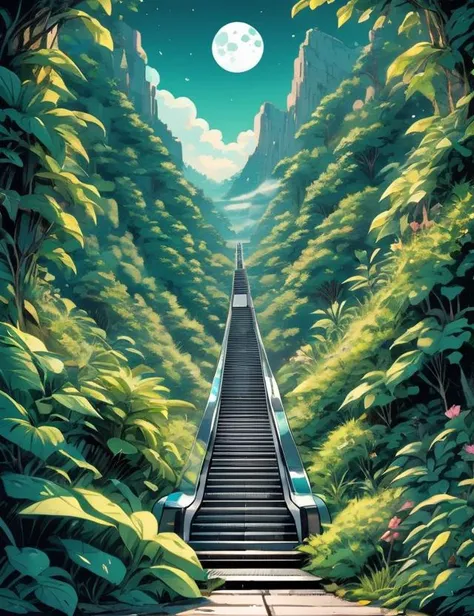 Mountains Escalator,Lush Vegetation,Moon,Drapery, 8K, <lora:sdxl_cute_social_comic:0.8> cute comic