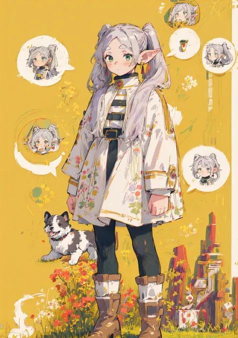 masterpiece, best quality
cute doodle, 1girl, frieren, green eyes, grey hair, twintails, thick eyebrows, pointy ears, white capelet, long sleeves, earrings, striped shirt, pantyhose, boots, dog, print shirt, blush, full body, standing, looking at viewer, speech bubble <lora:Cutedoodle_SD15-000008:0.65> <lora:Frieren:1>