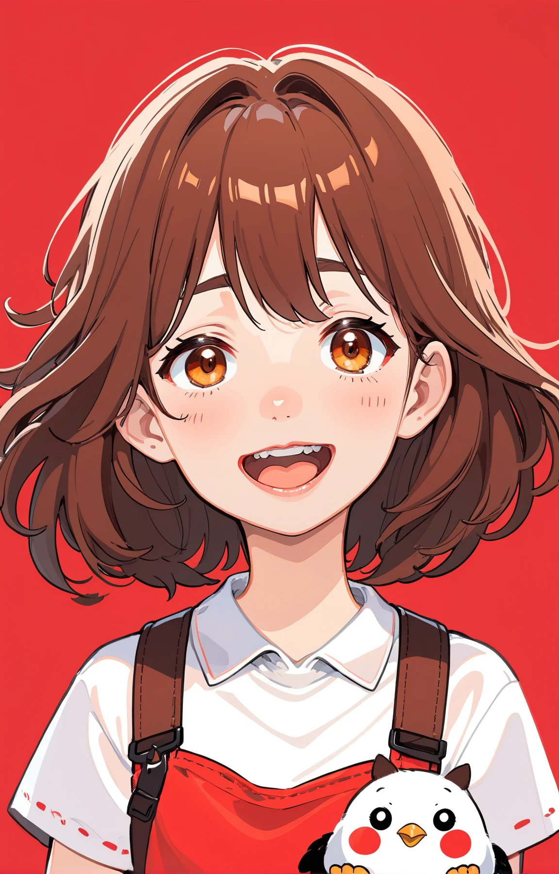 cute comic, 1girl, solo, :d, red background, simple background, bird, brown eyes, brown hair, fanny pack, hair between eyes, looking at viewer, open mouth, white shirt, shirt, smile, <lora:sdxl_cute_social_comic-000002:0.65>