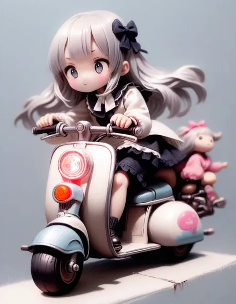 realistic detailed dolla doll face,
detailed hair, smooth hair, 1girl,  silver hair, white classic long dress, jabot,  
riding on vintage vespa scooter, 
dark grey background,  masterpiece, best quality,
sharp focus, depth of field, ray tracing, 8k, extremely detailed, absurdres, 
<lora:dolly-merge-xl_v1:1.2>
<lora:cutedoodle_XL:1> cute doodle
<lora:Charcoal1.0:1> Charcoal drawing