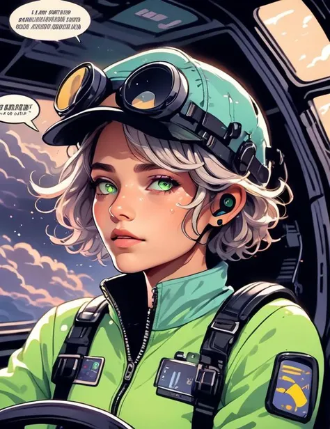male Intergalactic cargo pilot, Artificial intelligences (AIs)- Digital entities represented as holographic projections or glowing avatars., Retirement age Svelte, Maori, Light brown eyes, Normal Ears, Bulbous Nose, Protruding Chin with Cleft, Defined Jaw, High Forehead, Cheekbones, Teal Wavy hair hair, Grief,, Sitting in a cockpit with hands on controls, focused on the mission., wearing Lace Virtuality Track Shorts, Sonic Soundwave Jacket, , Levitating Newsboy Cap, , Reacting with awe or caution upon meeting an extraterrestrial being., Neon Shadows, Post Apocalyptic Wasteland, Toxic clouds and radiation hazards, 8K, <lora:sdxl_cute_social_comic:0.8> cute comic