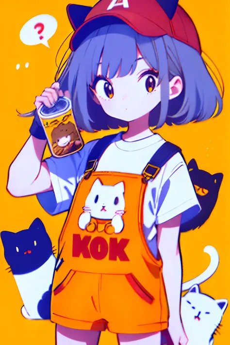 masterpiece, best quality, ultra-detailed, cute comic,  <lora:Cutedoodle_SD15:1>, 1girl, red headwear, holding animal, yellow shirt, cat, holding cat, shirt, hat, holding, simple background, short sleeves, yellow background, short hair, solo, white cat, smile, overalls, animal, brown hair, looking at viewer, baseball cap, black eyes, bangs, grey hair, too many cats,