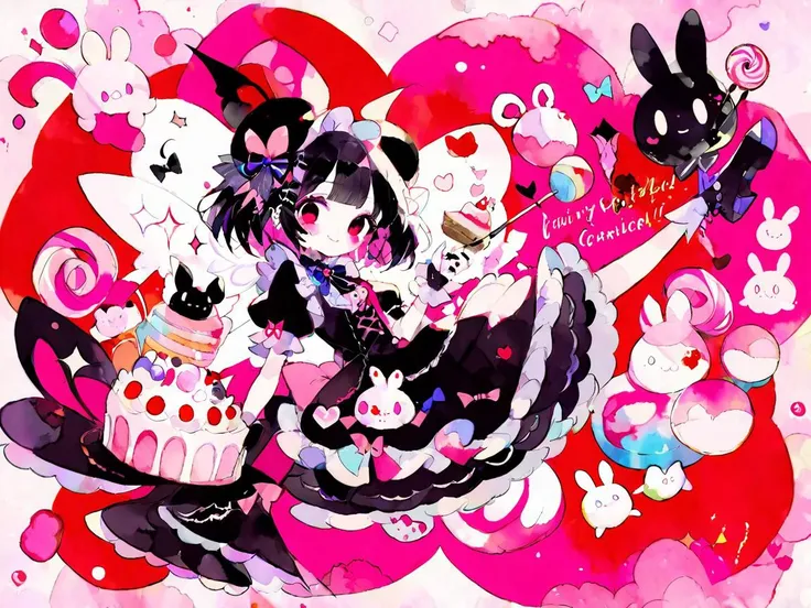 Fairy tale aesthetic style, A girl in a blue gothiclolita dress holding a giant fork, in a world of (floating:1.1) cake and candy, cute bunnies and happiness, pink theme with bright colours, <lora:sdxl_cute_social_comic:0.5> cute comic, <lora:Aether_Watercolor_and_Ink_v1_SDXL_LoRA:0.8> watercolor, ink, sketch . Magical, fantastical, enchanting, storybook style, highly detailed