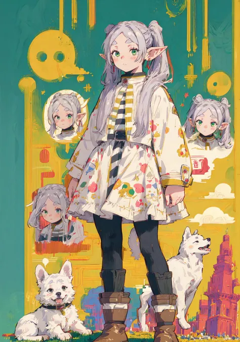 masterpiece, best quality
cute doodle, 1girl, frieren, green eyes, grey hair, twintails, thick eyebrows, pointy ears, white capelet, long sleeves, earrings, striped shirt, pantyhose, boots, dog, print shirt, blush, full body, standing, looking at viewer, speech bubble <lora:Cutedoodle_SD15-000008:0.65> <lora:Frieren:1>