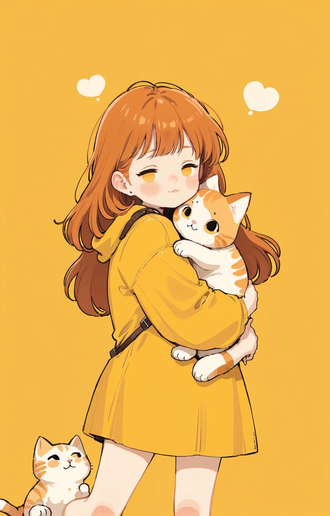 cute comic, 1girl, blunt bangs, ginger, cat, solo, :3, hugging, <lora:sdxl_cute_social_comic-000002:0.65>, simple background, yellow background