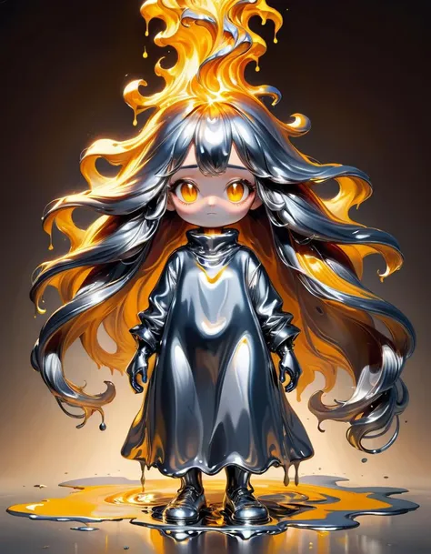 Impressionist painting cute comic, ral-chrome , female standing in molten metal, melting body, long flowing hair <lora:ral-chrome-sdxl:0.8> <lora:sdxl_cute_social_comic-000002:0.8> . Loose brushwork, vibrant color, light and shadow play, captures feeling over form