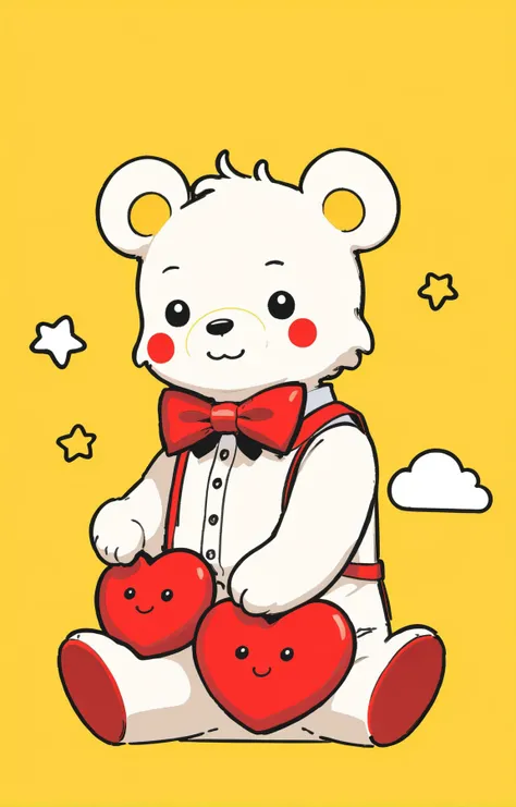 cute comic, :3, bow, bowtie, red bow, red bowtie, shirt, sleeveless, sleeveless shirt, smile, star (symbol), star print, stuffed animal, stuffed toy, teddy bear, white shirt, x x, simple background, yellow background, <lora:sdxl_cute_social_comic-000002:0.65>