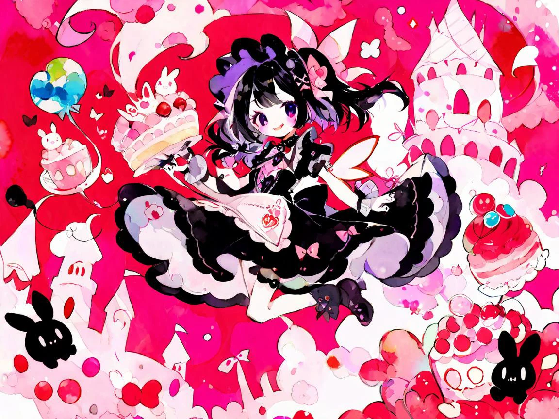 Fairy tale aesthetic style, A girl in a blue gothiclolita dress holding a giant fork, in a world of (floating:1.1) cake and candy, cute bunnies and happiness, pink theme with bright colours, <lora:sdxl_cute_social_comic:0.5> cute comic, <lora:Aether_Watercolor_and_Ink_v1_SDXL_LoRA:0.8> watercolor, ink, sketch . Magical, fantastical, enchanting, storybook style, highly detailed