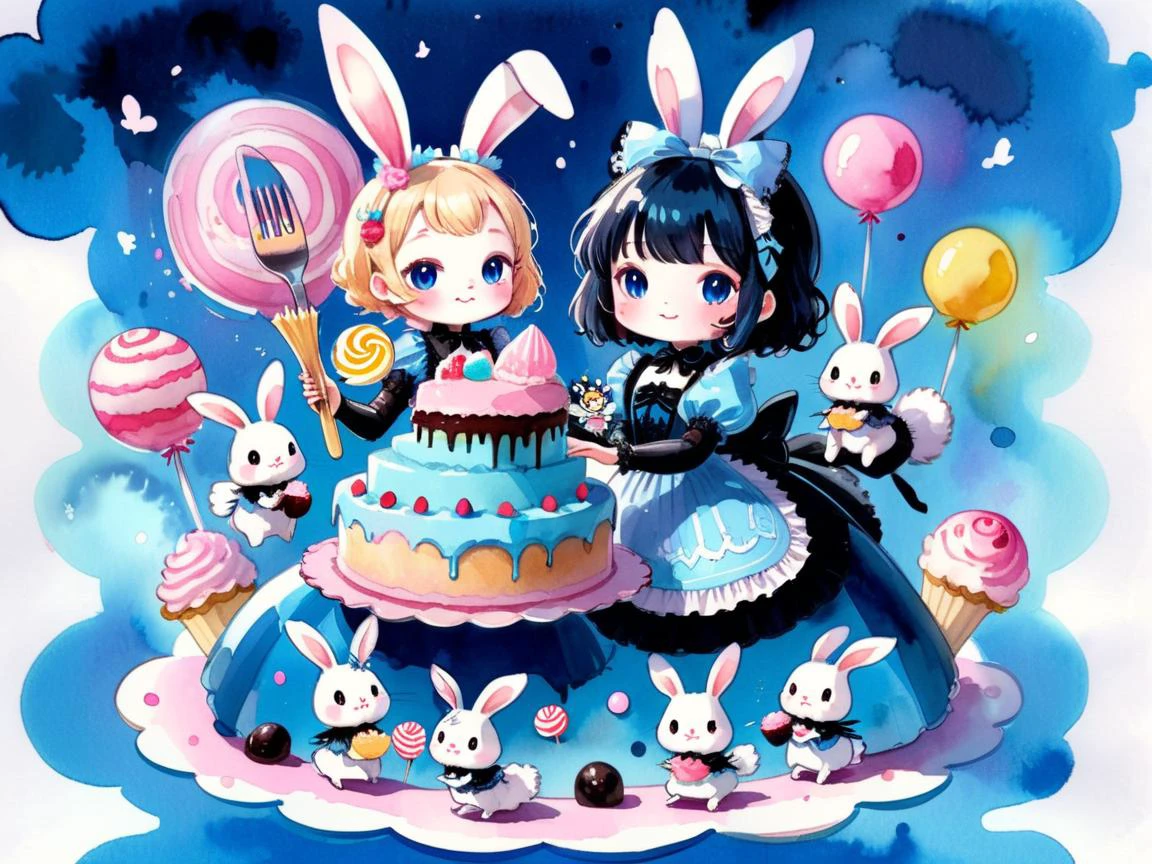 Fairy tale aesthetic style, A girl in a blue gothiclolita dress holding a giant fork, in a world of (floating:1.1) cake and candy, cute bunnies and happiness, pink theme with bright colours, <lora:sdxl_cute_social_comic:0.5> cute comic, <lora:Aether_Watercolor_and_Ink_v1_SDXL_LoRA:0.8> watercolor, ink, sketch . Magical, fantastical, enchanting, storybook style, highly detailed