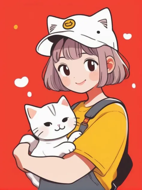 cute comic, 1girl, red headwear, holding animal, yellow shirt, cat, holding cat, shirt, hat, holding, simple background, short sleeves, yellow background, short hair, solo, white cat, smile, overalls, animal, brown hair, looking at viewer, baseball cap, black eyes, bangs, grey hair
<lora:sdxl_cute_social_comic:0.65>
