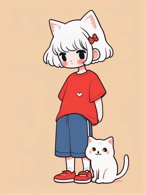cute comic, 1girl, shirt, solo, cat, short hair, white hair, simple background, holding cat, holding, holding animal, red shirt, short sleeves, bangs, looking at viewer, white cat, black eyes, animal, black pants, upper body, pants, signature, blush
<lora:sdxl_cute_social_comic:0.65>