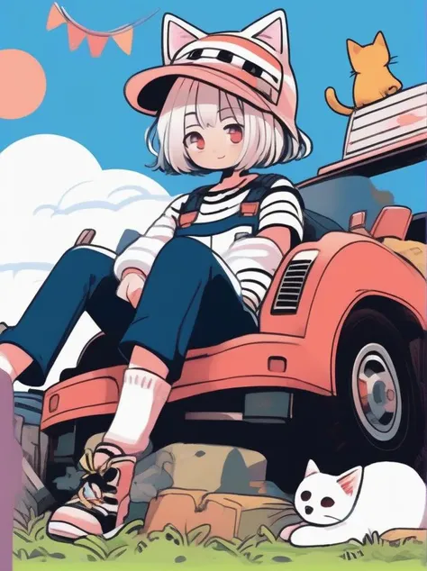 cute comic, 1girl, overalls, shirt, cat, smile, white hair, solo, short sleeves, sitting tank, weapon, hat, blue background, animal hat, shoes, black footwear, white cat, short hair, striped, looking at viewer, red shirt, striped shirt, too many, ground vehicle, blush stickers, socks, animal ears, animal, cat ears, blush
<lora:sdxl_cute_social_comic:0.65>
