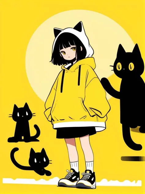 cute comic, 1girl, yellow background, black hair, shoes, cat, solo, simple background, standing, socks, black eyes, looking at viewer, animal ears, cat ears, black socks, long sleeves, black cat, full body, hood, tail, yellow theme, short hair, white footwear, hoodie, cat tail, flat color, limited palette, bangs, sneakers, no nose, yellow footwear, jewelry, drawstring, skirt, black skirt, anime style <lora:sdxl_cute_social_comic:0.65>