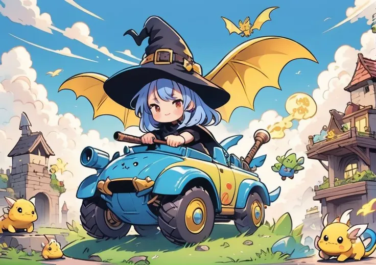 cute comic, 1 witch holding weapon, casting spell, motor vehicle, tank, cute dragon, dragon flying, yellow, bangs, no nose, blush, cloud, sky
<lora:sdxl_cute_social_comic:0.8>
