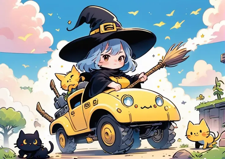 cute comic, 1 witch holding weapon, casting spell, motor vehicle, tank, cat, hat, yellow, bangs, no nose, blush, cloud, sky
<lora:sdxl_cute_social_comic:0.8>