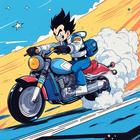 masterpiece, best quality,
cute comic, 1man, (Vegeta),riding a sci-fi motorcycle, smile, motor vehicle, skirt, riding, bule background, <lora:cutedoodle_XL:0.4>