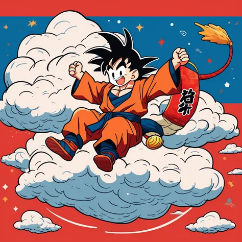 masterpiece, best quality,
cute comic, 1man, Dragon Ball, (Son Goku stands on a somersault cloud), smile, red background, <lora:cutedoodle_XL:0.4>