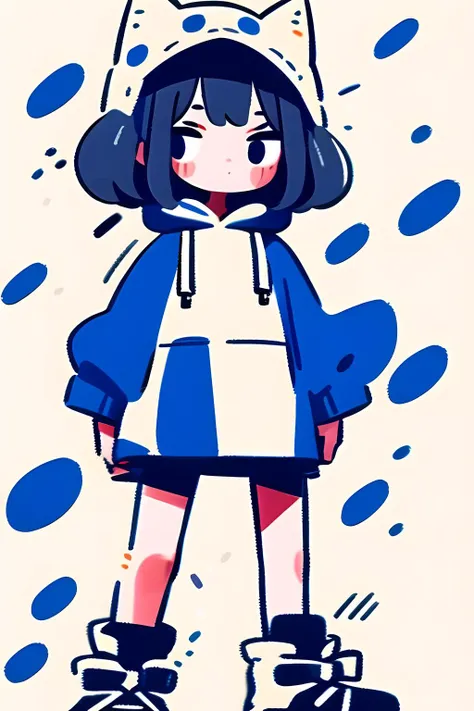 masterpiece, best quality, 4k resolution, entangled, asymmetry, overalls, 1girl, techwear style, limited pallete, black hair, Bob hairstyle, blue eyes, short skirt, only white Oversized hoodie, Large hood, clean white Oversized hoodie, white light Lightweight sneakerssharp clothing, 4-pointed big blue star on the side of the head, big 4-pointed star, In full body, (white background:1.5), sharp ice, a lot ice, white ice, a lot Ice blast on background, <lora:cute_social_Comic:1> <lora:Cutedoodle_SD15:1>
