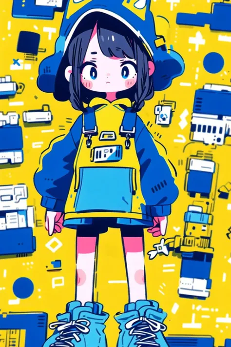 masterpiece, best quality, 4k resolution, overalls, 1girl, techwear style, limited pallete, black hair, Bob hairstyle, blue eyes, short skirt, only white Oversized hoodie, Large hood, clean white Oversized hoodie, white light Lightweight sneakerssharp clothing, 4-pointed big blue star on the side of the head, big 4-pointed star, In full body, white background, sharp ice, a lot ice, white ice, a lot Ice blast on background, <lora:cute_social_Comic:1> <lora:Cutedoodle_SD15:1>