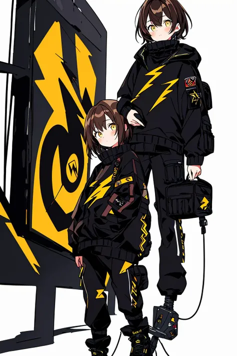masterpiece, best quality, 4k resolution, 1girl, graffiti style, cute doodle, doodle style, brown hair, short hair, yellow eyes, turtleneck, (techwear:1.2), (cargo:1.2) pants, (black mantle:1.2), sneackers, in full height, In full body, standing, (white background:1.2), (lightning:1.2) on background, limited pallete, entangled, asymmetry, <lora:Cutedoodle_SD15:0.3>