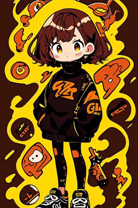 masterpiece, best quality, 4k resolution, 1girl, graffiti style, cute doodle, doodle style, brown hair, short hair, yellow eyes, turtleneck, black techwear Clothing, sneackers, in full height, In full body, standing, black background, lightning on background, limited pallete, entangled, asymmetry,   <lora:Cutedoodle_SD15:1>