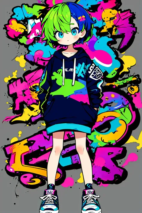 masterpiece, best quality, 4k resolution, 1girl, graffiti style, cute doodle, doodle style, short hair, random hair color, random eyes color, sneakers, in full height, In full body, standing, entangled, asymmetry, limited pallete, abstract dark background <lora:Cutedoodle_SD15:0.5>