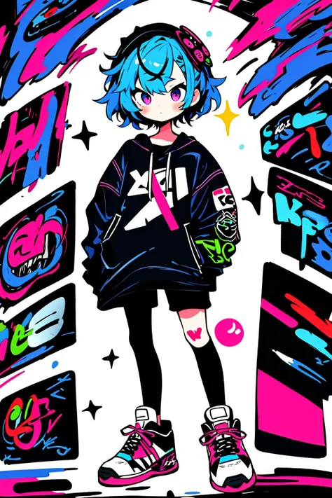 masterpiece, best quality, 4k resolution, 1girl, graffiti style, cute doodle, doodle style, short hair, random hair color, random eyes color, sneakers, in full height, In full body, standing, entangled, asymmetry, limited pallete, abstract dark background <lora:Cutedoodle_SD15:0.5>