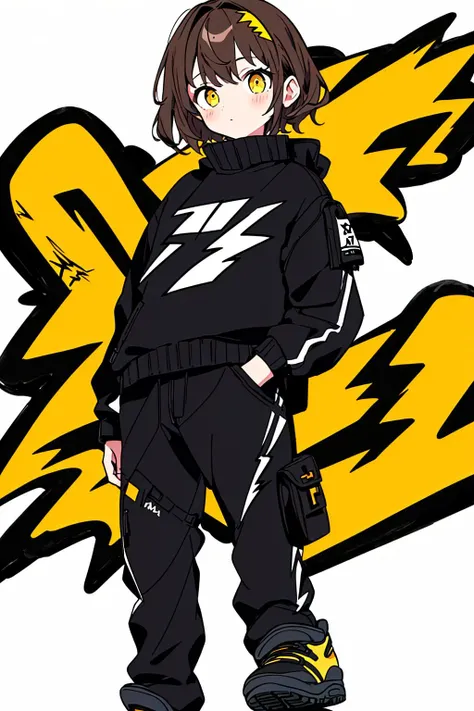 masterpiece, best quality, 4k resolution, 1girl, graffiti style, cute doodle, doodle style, brown hair, short hair, yellow eyes, turtleneck, (techwear:1.2), (cargo:1.2) pants, (black mantle:1.2), sneackers, in full height, In full body, standing, (white background:1.2), (lightning:1.2) on background, limited pallete, entangled, asymmetry,   <lora:Cutedoodle_SD15:0.3>
