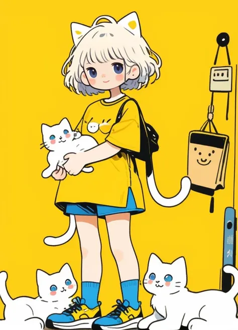 cute comic, 1girl, shirt, yellow shirt, shoes, yellow background, white hair, solo, short sleeves, blue footwear, short hair, simple background, cat, smile, holding, socks, standing, full body, looking at viewer, white cat, white socks, bangs, signature, holding animal, black eyes, blush, holding cat
<lora:sdxl_cute_social_comic:0.8>