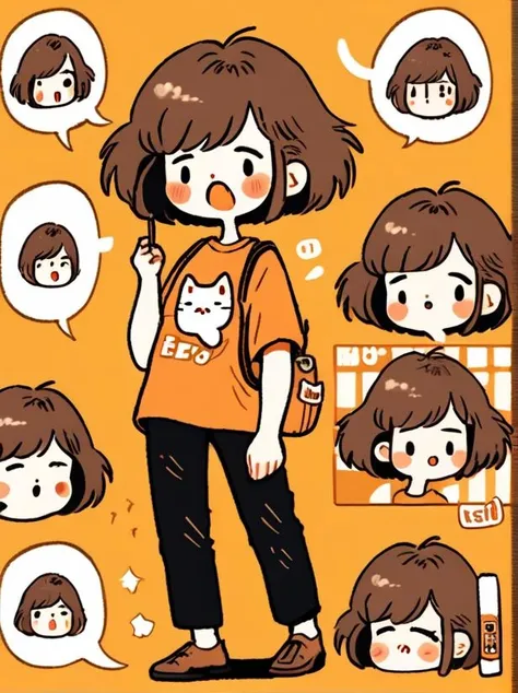 masterpiece, best quality,
cute doodle, 1girl, !, brown hair, short hair, backpack, bag, shirt, black pants, cat, pants, blush, print shirt, hair ornament, open mouth, speech bubble, fang, short sleeves
 <lora:cutedoodle_XL-000012:0.65>