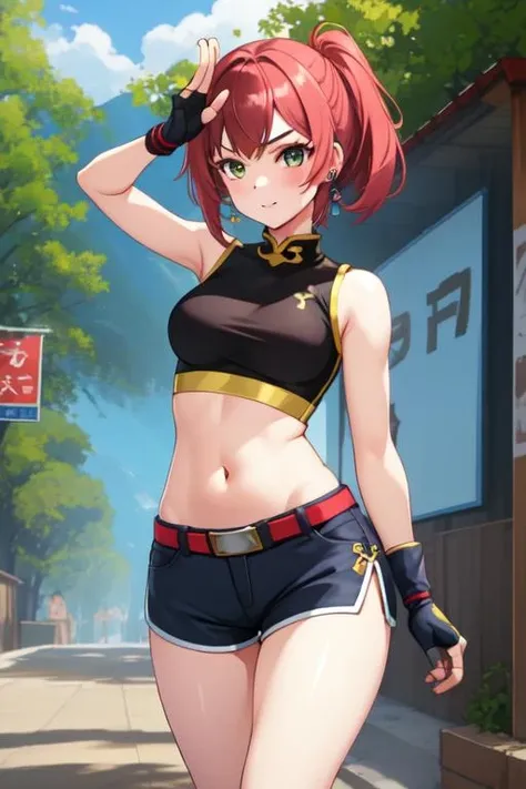 <lora:chinadress:0.7>, 1girl, solo, masterpiece, best quality, kung fu, navel, short shorts, fingerless gloves, sleeveless, outdoors,