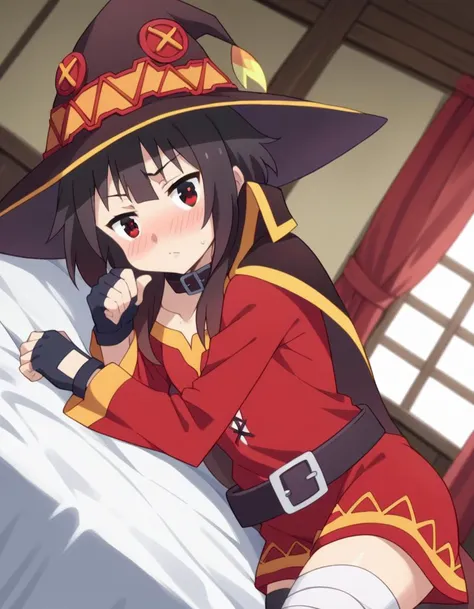 score_9, score_8_up, score_7_up, source_anime,
konosubamegumin, <lora:konosuba-megumin-s2-ponyxl-lora-nochekaiser:1>,
megumin, short hair, black hair, red eyes, short hair with long locks,
thighhighs, gloves, hat, dress, black gloves, belt, black thighhighs, fingerless gloves, cape, collar, witch hat, bandages, red dress, single thighhigh, asymmetrical legwear, bandaged leg,
indoors, bed, bed room, on side, blush, drunk,
looking at viewer, dutch angle, cowboy shot,