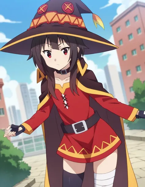 score_9, score_8_up, score_7_up, source_anime,
konosubamegumin, <lora:konosuba-megumin-s2-ponyxl-lora-nochekaiser:1>,
megumin, short hair, black hair, red eyes, short hair with long locks,
thighhighs, gloves, hat, dress, black gloves, belt, black thighhighs, fingerless gloves, cape, collar, witch hat, bandages, red dress, single thighhigh, asymmetrical legwear, bandaged leg,
outdoors, cityscape, bent over,
looking at viewer, dutch angle, cowboy shot,