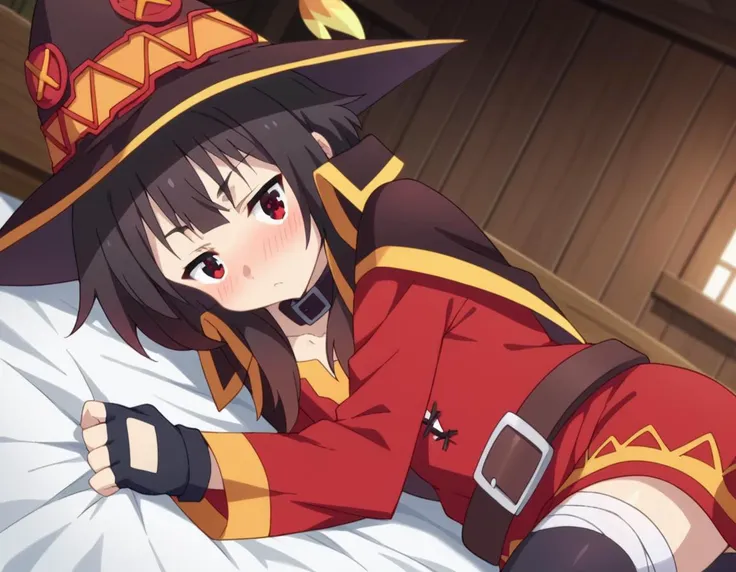 score_9, score_8_up, score_7_up, source_anime,
konosubamegumin, <lora:konosuba-megumin-s2-ponyxl-lora-nochekaiser:1>,
megumin, short hair, black hair, red eyes, short hair with long locks,
thighhighs, gloves, hat, dress, black gloves, belt, black thighhighs, fingerless gloves, cape, collar, witch hat, bandages, red dress, single thighhigh, asymmetrical legwear, bandaged leg,
indoors, bed, bed room, on side, blush, drunk,
looking at viewer, dutch angle, cowboy shot,