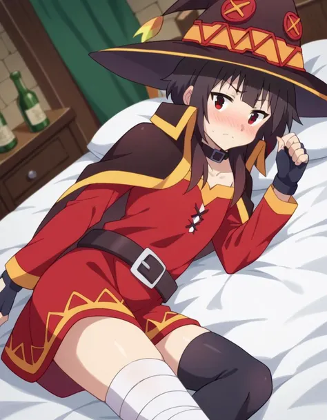 score_9, score_8_up, score_7_up, source_anime,
konosubamegumin, <lora:konosuba-megumin-s2-ponyxl-lora-nochekaiser:1>,
megumin, short hair, black hair, red eyes, short hair with long locks,
thighhighs, gloves, hat, dress, black gloves, belt, black thighhighs, fingerless gloves, cape, collar, witch hat, bandages, red dress, single thighhigh, asymmetrical legwear, bandaged leg,
indoors, bed, bed room, on side, blush, drunk,
looking at viewer, dutch angle, cowboy shot,