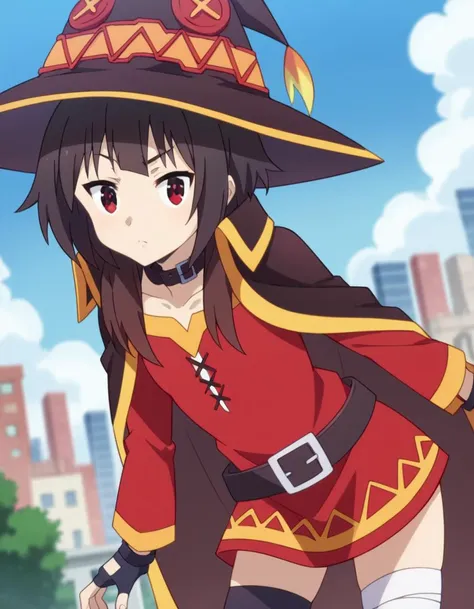 score_9, score_8_up, score_7_up, source_anime,
konosubamegumin, <lora:konosuba-megumin-s2-ponyxl-lora-nochekaiser:1>,
megumin, short hair, black hair, red eyes, short hair with long locks,
thighhighs, gloves, hat, dress, black gloves, belt, black thighhighs, fingerless gloves, cape, collar, witch hat, bandages, red dress, single thighhigh, asymmetrical legwear, bandaged leg,
outdoors, cityscape, bent over,
looking at viewer, dutch angle, cowboy shot,