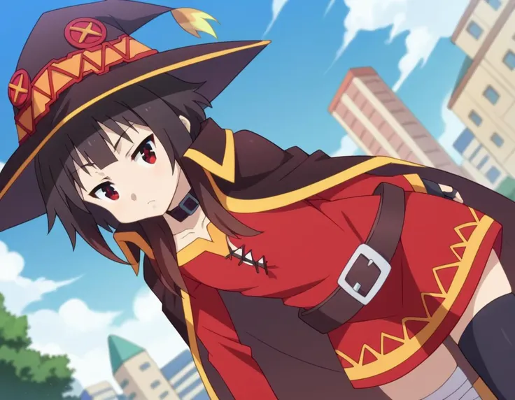 score_9, score_8_up, score_7_up, source_anime,
konosubamegumin, <lora:konosuba-megumin-s2-ponyxl-lora-nochekaiser:1>,
megumin, short hair, black hair, red eyes, short hair with long locks,
thighhighs, gloves, hat, dress, black gloves, belt, black thighhighs, fingerless gloves, cape, collar, witch hat, bandages, red dress, single thighhigh, asymmetrical legwear, bandaged leg,
outdoors, cityscape, bent over,
looking at viewer, dutch angle, cowboy shot,