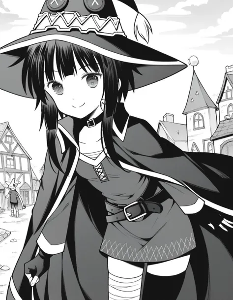 score_9, score_8_up, score_7_up, source_anime,
konosubamegumin, <lora:konosuba-megumin-manga-ponyxl-lora-nochekaiser:1>,
megumin, short hair, black hair, short hair with long locks, monochrome, greyscale,
thighhighs, gloves, hat, dress, black gloves, belt, black thighhighs, fingerless gloves, cape, collar, witch hat, bandages, single thighhigh, asymmetrical legwear, bandaged leg,
outdoors, village, bent over, smile,
looking at viewer, dutch angle, cowboy shot,