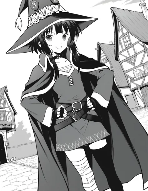 score_9, score_8_up, score_7_up, source_anime,
konosubamegumin, <lora:konosuba-megumin-manga-ponyxl-lora-nochekaiser:1>,
megumin, short hair, black hair, short hair with long locks, monochrome, greyscale,
thighhighs, gloves, hat, dress, black gloves, belt, black thighhighs, fingerless gloves, cape, collar, witch hat, bandages, single thighhigh, asymmetrical legwear, bandaged leg,
outdoors, village, hands on hips, smile,
looking at viewer, dutch angle, cowboy shot,