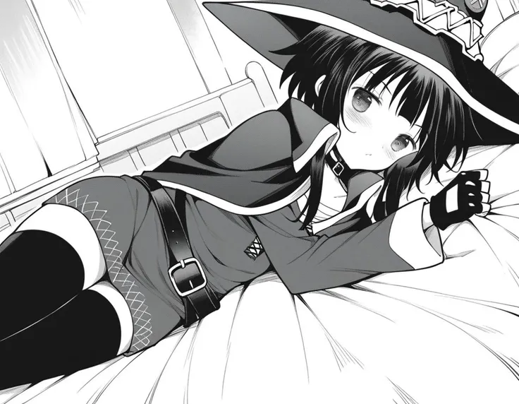 score_9, score_8_up, score_7_up, source_anime,
konosubamegumin, <lora:konosuba-megumin-manga-ponyxl-lora-nochekaiser:1>,
megumin, short hair, black hair, short hair with long locks, monochrome, greyscale,
thighhighs, gloves, hat, dress, black gloves, belt, black thighhighs, fingerless gloves, cape, collar, witch hat, bandages, single thighhigh, asymmetrical legwear, bandaged leg,
indoors, bed, bed room, on side, blush, drunk,
looking at viewer, dutch angle, cowboy shot,