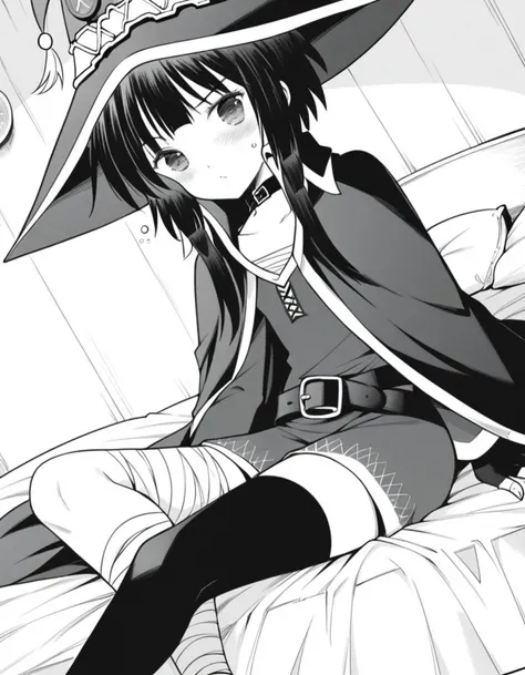 score_9, score_8_up, score_7_up, source_anime,
konosubamegumin, <lora:konosuba-megumin-manga-ponyxl-lora-nochekaiser:1>,
megumin, short hair, black hair, short hair with long locks, monochrome, greyscale,
thighhighs, gloves, hat, dress, black gloves, belt, black thighhighs, fingerless gloves, cape, collar, witch hat, bandages, single thighhigh, asymmetrical legwear, bandaged leg,
indoors, bed, bed room, on side, blush, drunk,
looking at viewer, dutch angle, cowboy shot,