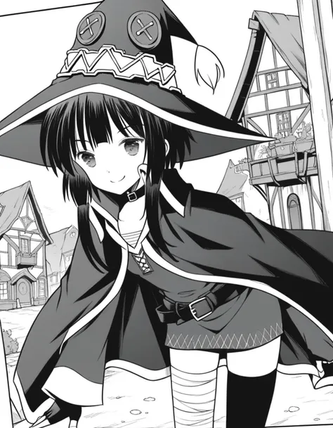 score_9, score_8_up, score_7_up, source_anime,
konosubamegumin, <lora:konosuba-megumin-manga-ponyxl-lora-nochekaiser:1>,
megumin, short hair, black hair, short hair with long locks, monochrome, greyscale,
thighhighs, gloves, hat, dress, black gloves, belt, black thighhighs, fingerless gloves, cape, collar, witch hat, bandages, single thighhigh, asymmetrical legwear, bandaged leg,
outdoors, village, bent over, smile,
looking at viewer, dutch angle, cowboy shot,