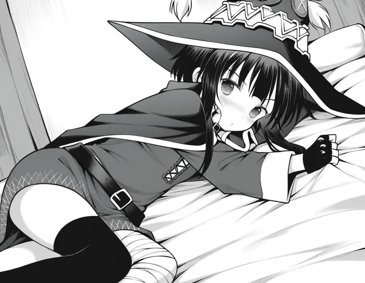 score_9, score_8_up, score_7_up, source_anime,
konosubamegumin, <lora:konosuba-megumin-manga-ponyxl-lora-nochekaiser:1>,
megumin, short hair, black hair, short hair with long locks, monochrome, greyscale,
thighhighs, gloves, hat, dress, black gloves, belt, black thighhighs, fingerless gloves, cape, collar, witch hat, bandages, single thighhigh, asymmetrical legwear, bandaged leg,
indoors, bed, bed room, on side, blush, drunk,
looking at viewer, dutch angle, cowboy shot,