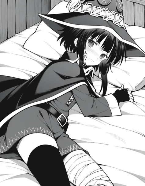 score_9, score_8_up, score_7_up, source_anime,
konosubamegumin, <lora:konosuba-megumin-manga-ponyxl-lora-nochekaiser:1>,
megumin, short hair, black hair, short hair with long locks, monochrome, greyscale,
thighhighs, gloves, hat, dress, black gloves, belt, black thighhighs, fingerless gloves, cape, collar, witch hat, bandages, single thighhigh, asymmetrical legwear, bandaged leg,
indoors, bed, bed room, on side, blush, drunk,
looking at viewer, dutch angle, cowboy shot,