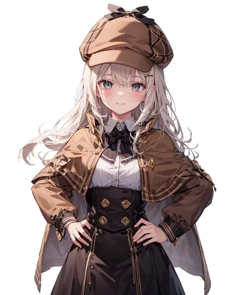 1girl,solo, deerstalker,standing,detective,light smile, <lora:Deerstalker:1>,hand on hip, white background, brown headwear, brown capelet, white_hair,long hair,
