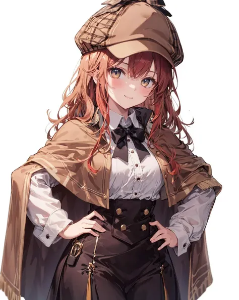 1girl,solo, deerstalker,standing,detective,light smile,  <lora:Deerstalker:1>,hand on hip, white background, brown headwear, brown capelet, red_hair,long hair,