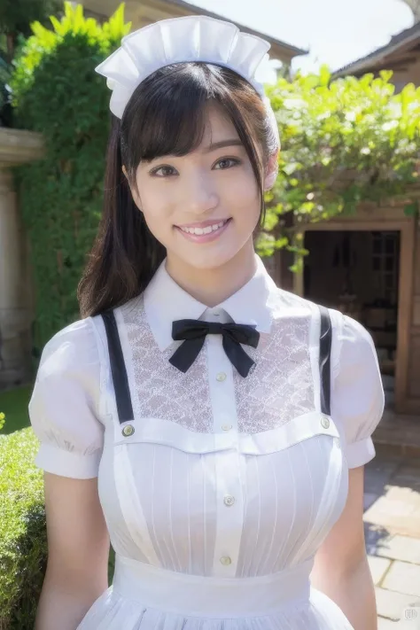 masterpiece,beautiful,extremely detailed,(ultra high res),(8k UHD best quality), (realistic, photo-realistic:1.37), depth_of,field, blurry_background, photo_inset,Dramatic lighting,reference_inset,photo_background,black eyes,photorealistic,looking_at_viewer,1girl,shiny skin,detailed skin,smile,(((upper body))),(((maid outfit))),(((mansion garden))),shoko<lora:shoko takahashi:1>