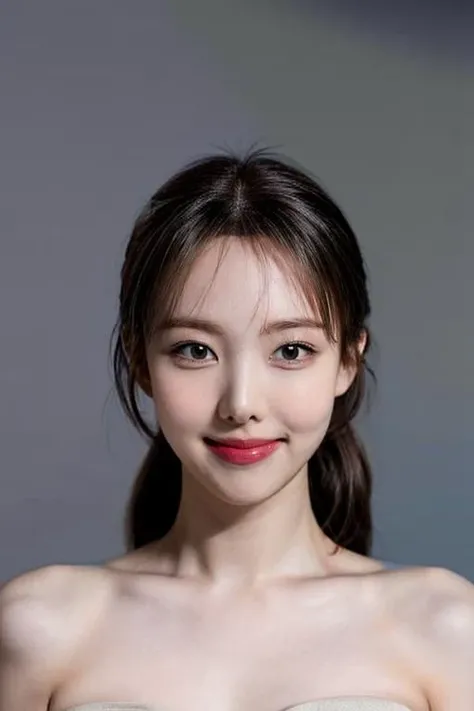 (masterpiece, top quality, best quality, (close-up photograph: 2), ((1girl)), fair skin, (((closed lips))), small eyes, (extremely detailed face), looking straight, ultra-detailed eyes and pupils, ((bare pectorals)), ((bare chest)), bare head, nude dress, (((bare shoulders))), symmetrical frame, ((strapless)), (((smile))), ((symmetrical pose)), looking at viewer, (((looking at viewer))), (symmetrical face: 1.6), 35mm, simple grey background, ((studio lighting)), no watermark, ((grey hair)), ponytail, <lora:nayeonlorashy:1>